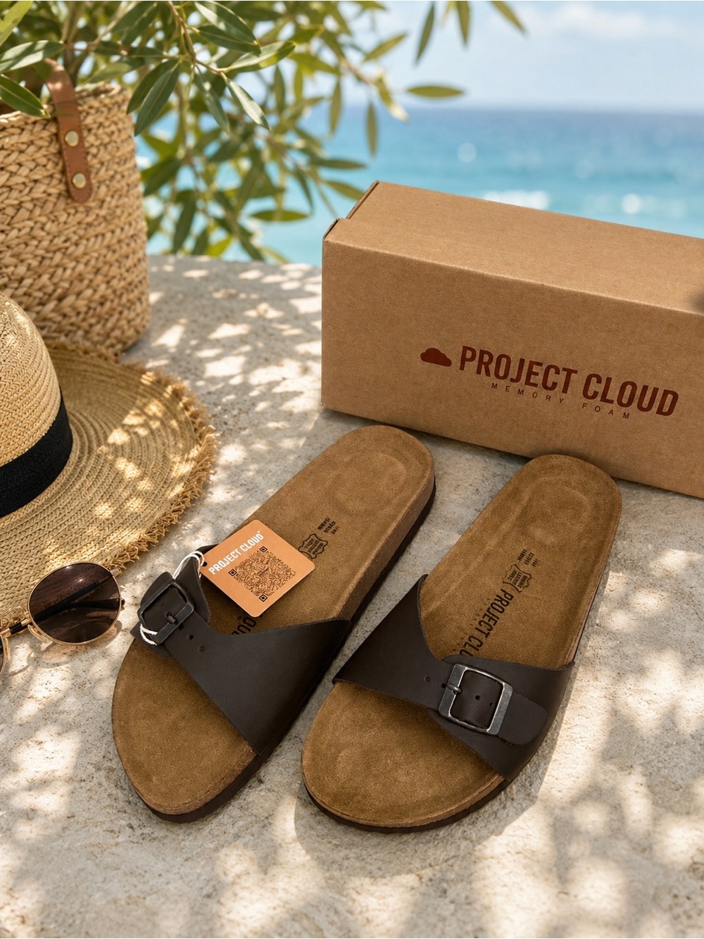 Project Cloud Women's Brown Memory-Foam Slide Sandals with Buckle
